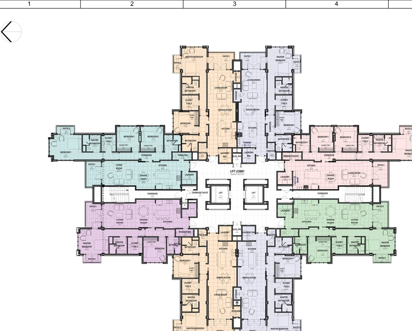Architect's floor plate for floors 1 to 6, with each home shaded by type